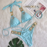 Zingj New Bikini Sexy Crystal Diamond Bandage Solid Color Split Women's Swimsuit