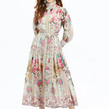 Court-Styled Dress Women's Lantern Sleeves With Belt Strap Single Buckle Design Temperament Long