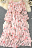 Autumn Women Printed Long Dress Vintage Puff Sleeve High Waist A-Line Casual Maxi Vestidos Vacation Beach Robe