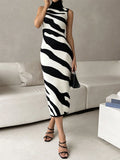 High-Neckless Sleeveless Striped Bag-Butyle Slimmed Sexy Knitted Dress