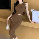 New Sleeveless Nails Clad High-Waist Temperament Famous Half-Dress Knitted Set Two