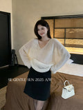 Xixi 2025 Autumn New White Standard Loose Long-Sleeved V-Neck Knitted Shirt Ma Hai Wool Women