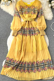 Bohemian Women Printed Pleated Long Dress Elegant Vacation Beach Maxi Vestidos Female Lantern Sleeve Draped Robe