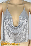 Metal Crop Top Summer Sexy Club Backless Bralette Beach Halter Gold Sequined Party Women Tank Top