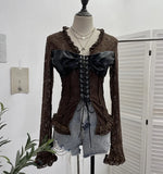 Real Shooting V Tie With Retro 2024 New Hottie Sexy Lace Splicing Pu Skin Hollow Shirt Top