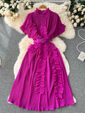 Women Irregular Pleated Party Long Dress Elegant Vacation Beach Draped Ruffle Vestidos Female Short Sleeve Maxi Robe