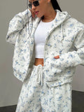 Sale Of Broken Flower Hoodie Set Of Women's Short Zipper Coat Draw Rope Wide Leg Pants Fresh Print Autumn And