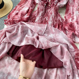 Women Blue/Red/Black Printed Party Dress Bohemian Puff Long Sleeve High Waist Ruffle Collar Midi Robe Female Vestidos