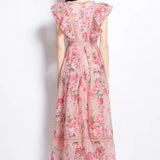 Elegant Dress 2025 New Retro Lace To Receive Waist Temperament Print Lotus Leaf Side Long Dress