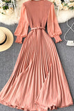Women Pleated Long Dress Female Elegant Lantern Long Sleeve High Waist Red/Purple Draped Maxi Vestidos Spring Autumn