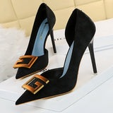 Shoes Red Green Black Woman Pumps Metal Square Buckle Women Heels Sexy Banquet Shoes Pointed Toe Stiletto Plus Size