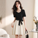 Collar Splicing Dress Women 2025 Summer Dress New Fashion Temperament Thin Design Small Bubble Sleeve Long