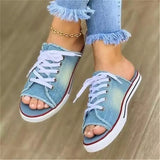 Spring And Summer Fish Mouth Denim Cloth With Casual Flat Bottom Lady Cool Slippers Large Size With Slippers