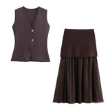 Women's 2025 Summer New V-Neck Gold Button Knitted Vest + Folding Skirt