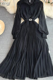 Autumn Women Turn-Down Collar Pleated Long Dress Vintage Single Breasted Lantern Sleeve High Waist Draped Maxi Robe
