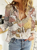 Women's Clothing 2025 Summer New Shirt Fashion Map Depicts Printed Long-Sleeved Top