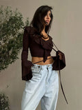 2025 New Solid-Colored Lotus Side Knitted Shirt Women's Short Sexy Hot Girl Fashion V Collar