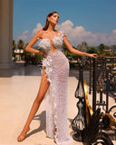 Gorgeous Feather Glican Nails High Fork White V-Neck Tset Dress Wedding Dress Wedding