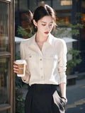 Light Luxury Polo Collar Long-Sleeved White Shirt Lady Design Spring And Autumn Unique Special Beautiful Shirt