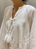 Solid Long Dress Women Loose Embroidered White Dress Female V Neck Lace Up Dress Ladies Elegant Beach Dress