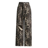 Wind Set Straight Trousers 2025 New Mid-Rise Wide Leg Hole Design Leopard-Print Jeans Women Autumn And