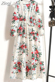 Women Elegant Floral Printed Long Dresses Spring Summer Casual O Neck Long Sleeve Ladies Chic High Waist A Line Beach
