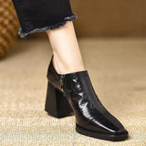 Brown 2025 New Spring And Autumn Square Wood Grain Thick Heel Deep Mouth Single Shoes Women's Side Zipper Work High