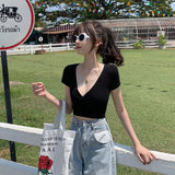 Zingj T-Shirt Female 2024 Summer New Deep V Collar Outside Wear Low Chest Korean Version Slim Crop Short Style Student Top