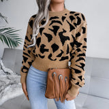 Real Autumn And Winter Casual Leopard Print Waist Knitted Umbilly Sweater Women's