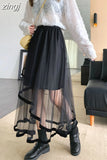 Elegant Mesh Patchwork Women Tulle Skirt Fashion Korean A Line Cake Skirt Female Sweet Preppy Style Irregular Midi