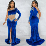 Zingj Royal Velvet Hot Diamond Mesh See-Through Pleated Collar One-Shoulder Slit