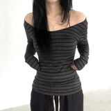 Cloth Forgets The Oblique Shoulder Stripes Thin Slim Long-Sleeved T-Shirt Sexy Bare Shoulders Simple Thin Casual