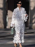 Women's Clothing Hollow Three-Dimensional Flowers Solid Color Collar Long-Sleeved Dress Loose Fashion