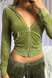Fashion Green Velour Cropped Zip Up Hoodie Women Autumn Basic Jacket Coat Harajuku Hooded Sweatshirts Solid