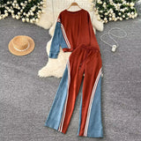 Zingj Version Of Casual Sports Suit Female Autumn Design Sense Loose And Versatile Round Collar Hoodie High Waist Jeans Splicing