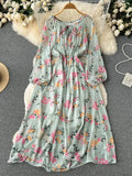 Autumn Women Printed Long Dress Vintage Puff Sleeve High Waist A-Line Casual Maxi Vestidos Vacation Beach Robe
