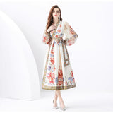 Style Retro Print Temperament Dress Female Long Sleeves With Thin Belt V-Neck Dress Long