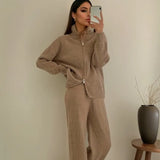 2025 New Thick Knitted Set Of Women's Zipper Lap-Fleet Sweater Cardigan + Wide