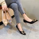 Source Of Light Luxury Buckle High Heel Women's Fine Heel Black Working Shoes Tip Single Shoes 2025 Autumn