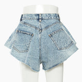 New Station Styling Lotus Leaves Side Hem Wide Legs Denim Shorts Hot Pants Fake Skirts