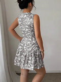 French Elegant Floral Print Sleeveless Bundle With Mini