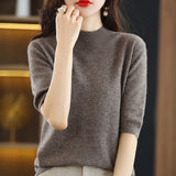 Zingj And Summer Loose And Versatile Wool Knit Short Sleeve Women Plus-Size Round-Neck Solid Color Bottom Knit T-Shirt Thin-Outfit