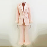 New Fashion Temperament Real Feather Ostrich Hairy Blazer Nine-Point Trouser Suit Two