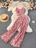 Women Sexy Printed Two Piece Set Beach Female Strap Camis Tops + Draped Wide Leg Pants Black/Red/Blue/Yellow Suits