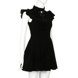 Ruffle Sleeve High Neck Velvet Black Mini Dress-Outfit