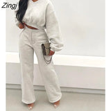 Women Tracksuit Two Piece Set Shirt + Long Pants Solid Color Pulf Sleeve Streetwear Clothes For Women