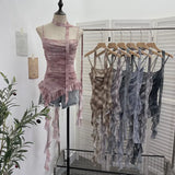 Shooting Round Neck Fluttering Dye Printing Irregular Lotus Leaf Side Mesh Slings Slings Sleeveless Top