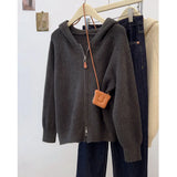 New Simple Casual Double Zipper Sweater Female Shoulder Long Sleeve Hooded Knitted Cardigan Women's Uniform