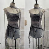 Girls Newspaper Tie-Dye Printing Net Waste Vest Irregular Rope Ribbon