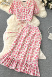 Women Polka Dot Chiffon Two Piece Set Vintage V-Neck Bandage Short Tops + High Waist Mermaid Skirt 2Pcs Suits New